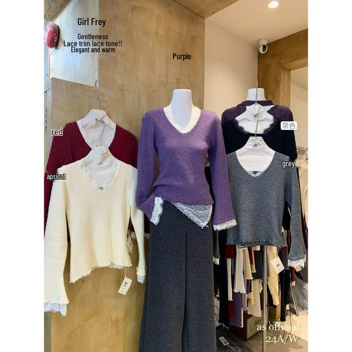 

Вязаный свитер с V-образным вырезом и рукавами-колокольчиками, отделанный кружевом - Женский облегающий топ с длинным рукавом для осени/зимы One Size чёрный