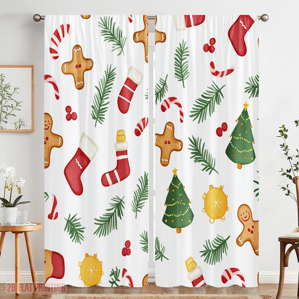 2pcs,2D Plane Printing Popular Curtain Panels Christmas Cookie Tree Stocking Garland (2) Versatile 100% Polyester (without Rod)