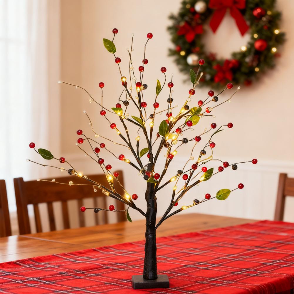 55cm Red Berry Blossom Tree With Lights Lighted Branches Artificial Bonsai Lamps Christmas Tabletop Decor For Living Room Gifts