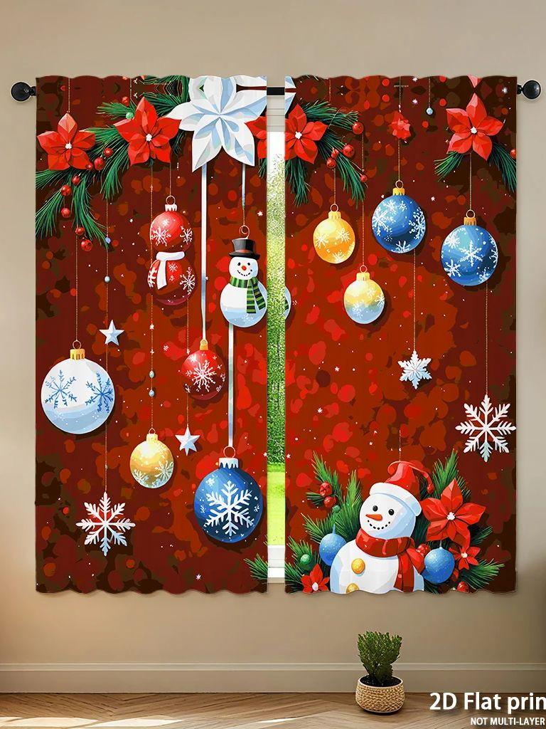 Piece Set High Definition Digital Printed Curtainsred Background Christmas Ornaments Snowman Festive Holiday Decorhome Deco Curtain Made Of Polyester