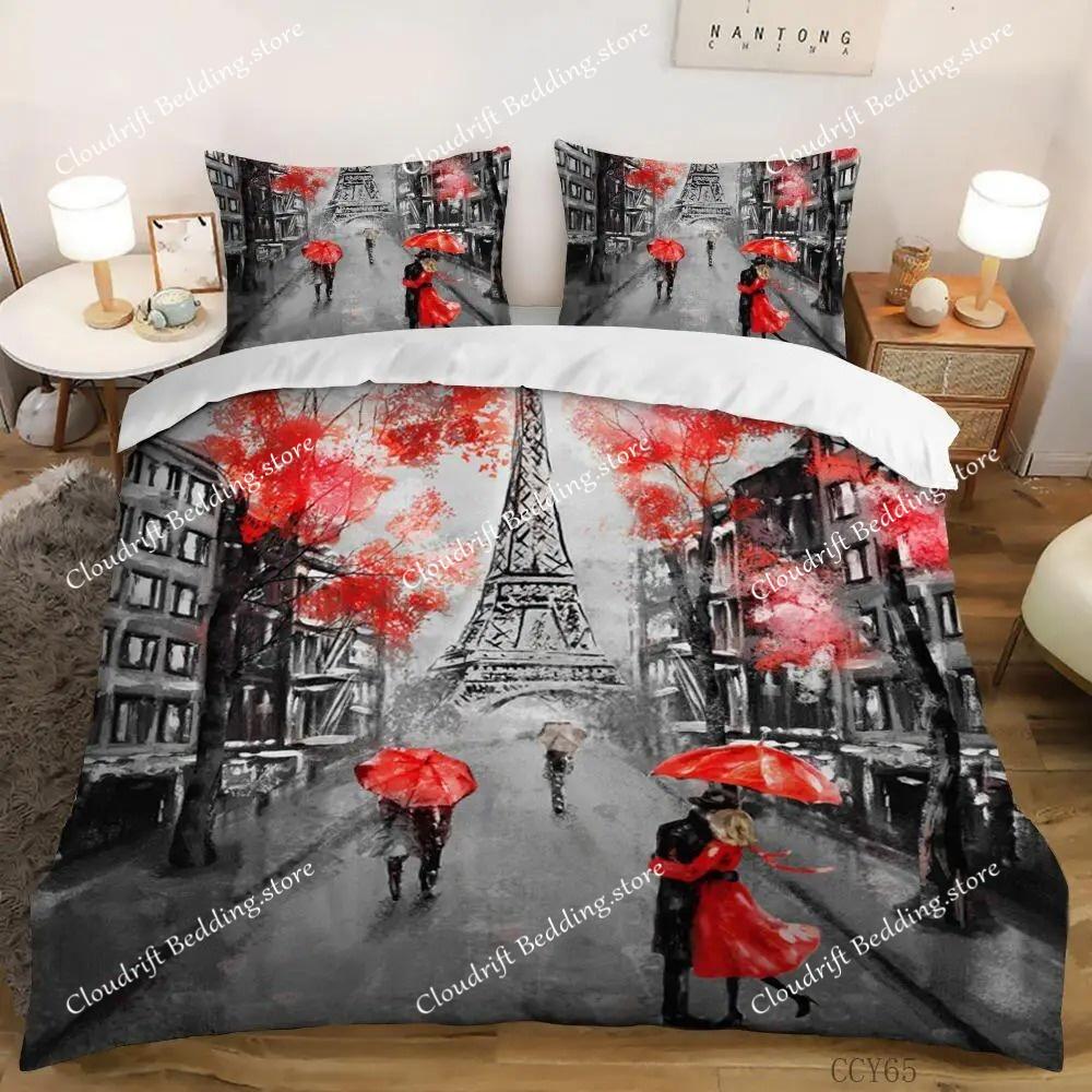 Eiffelturm Bettwäscheset Queen-Size Paar Valentinstag Bettbezugset für Frauen Romantisches Paris Bettbezug Raumdeko