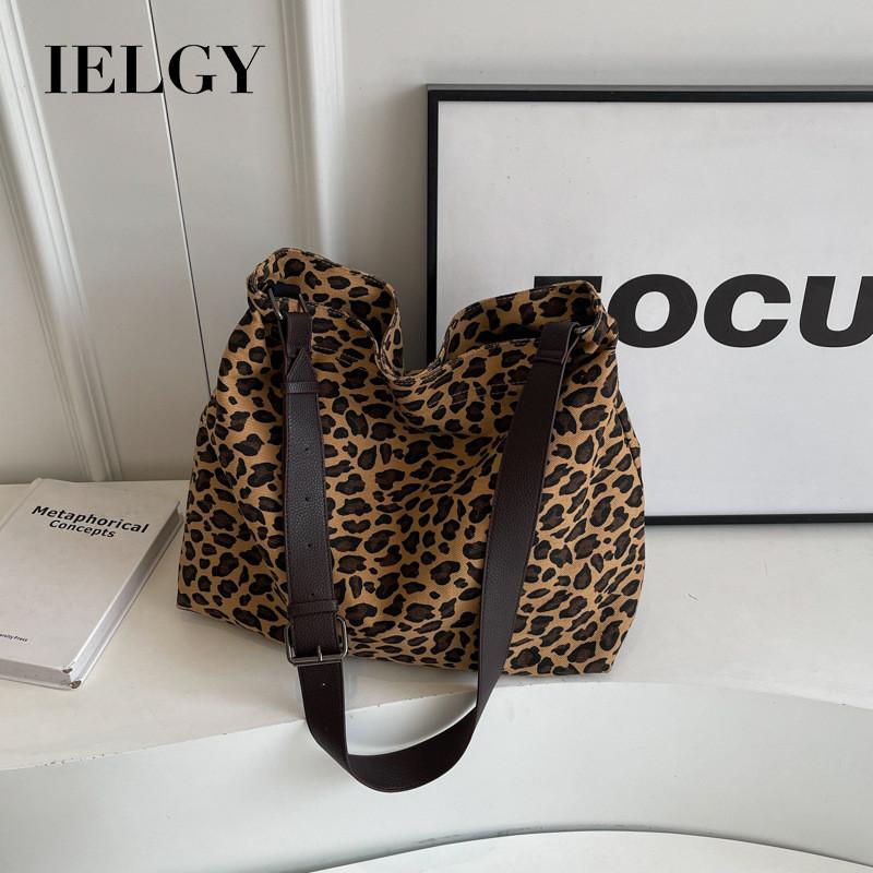 Ielgy Leopard Print Canvas Tote Bag Student Class Large Capacity Underarm Bag