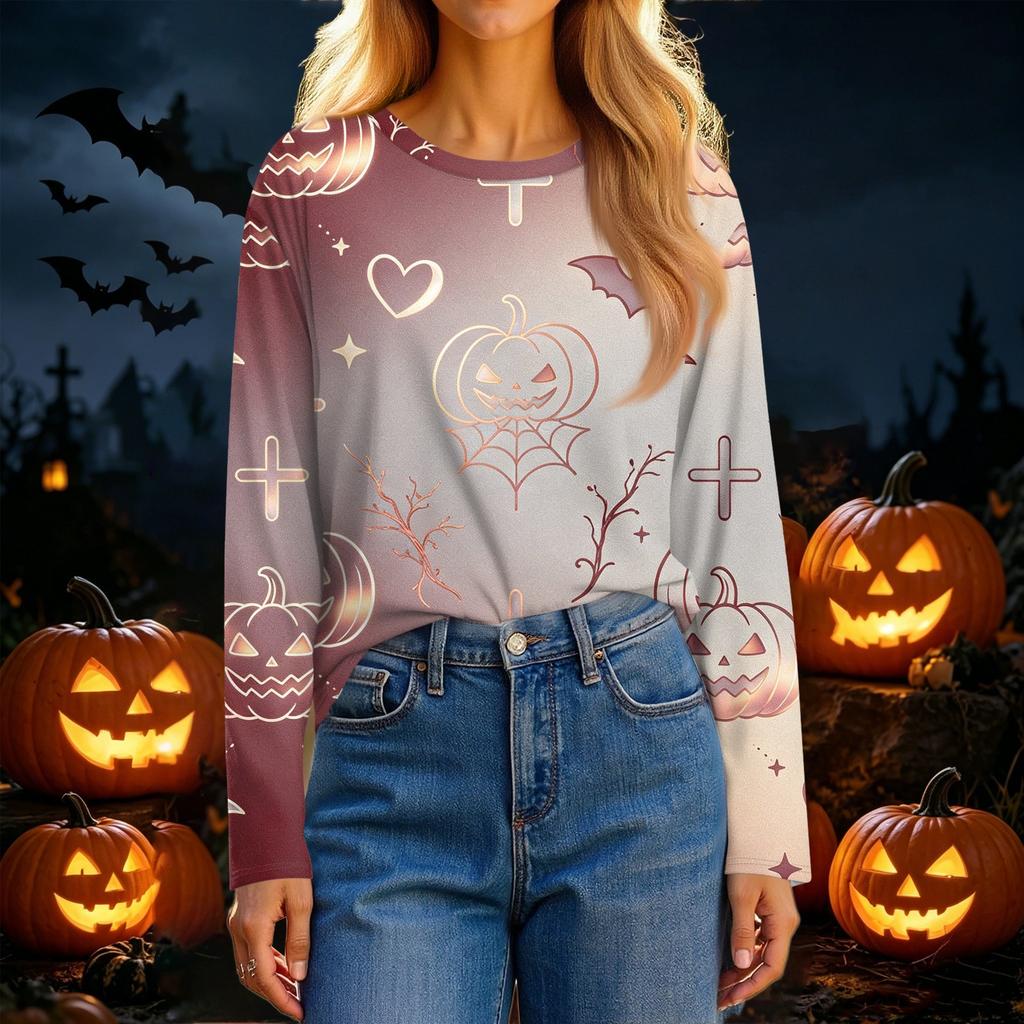 Women's Long Sleeve Halloween Print Neck Casual Top for Fall Festivities