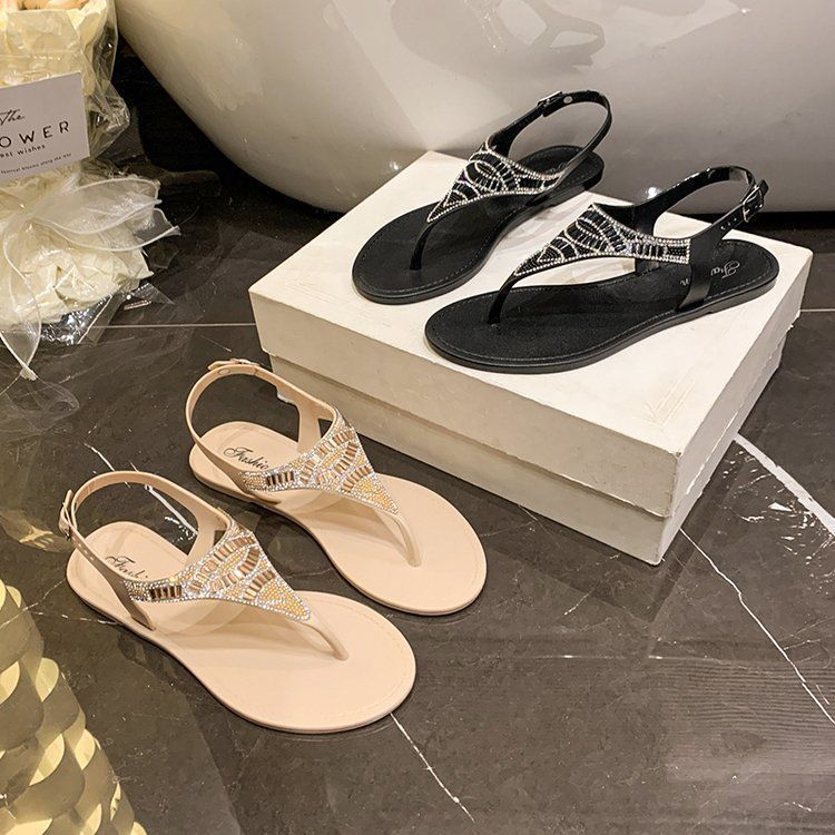 Versatile flat-bottomed casual bohemian beach sandals fashion toe rhinestone sandals women's 2025 summer and autumn new