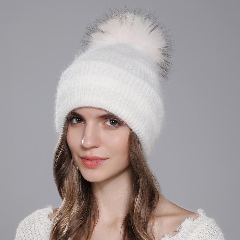 Hat For Women Angora Rabbit Fur Beanies With Natural Raccoon Fur Pompom Hats Winter Knitted Warm Silver Wire Female Cap