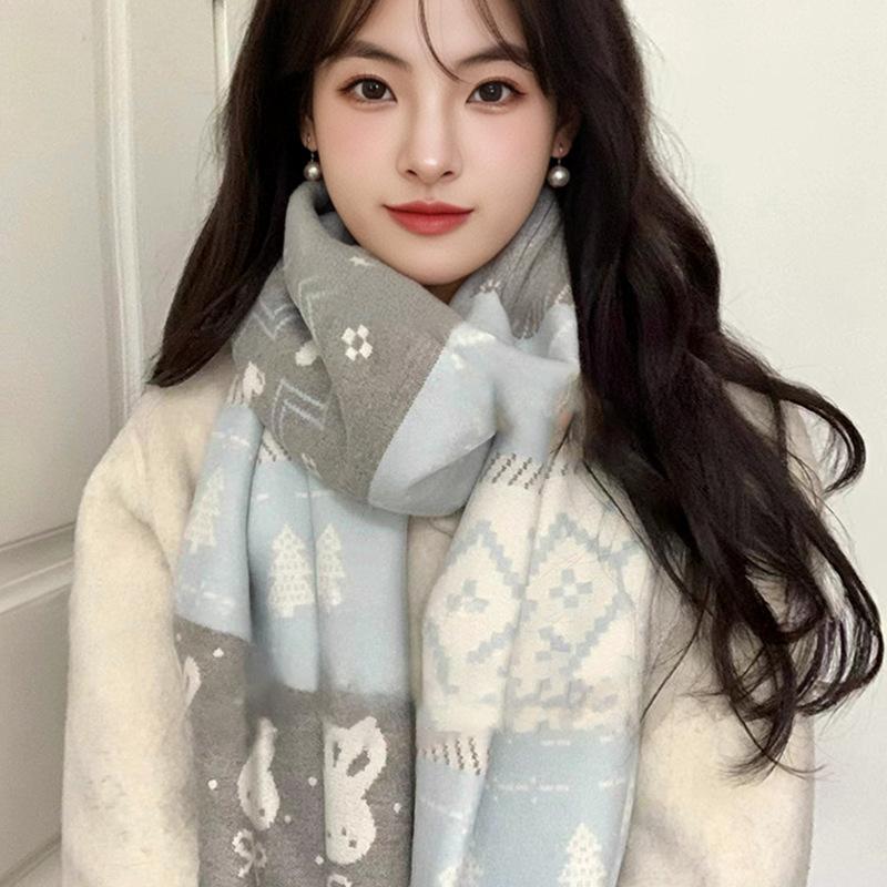 Three-color rabbit scarf, Korean retro fringed female autumn and winter student versatile warm atmosphere scarf