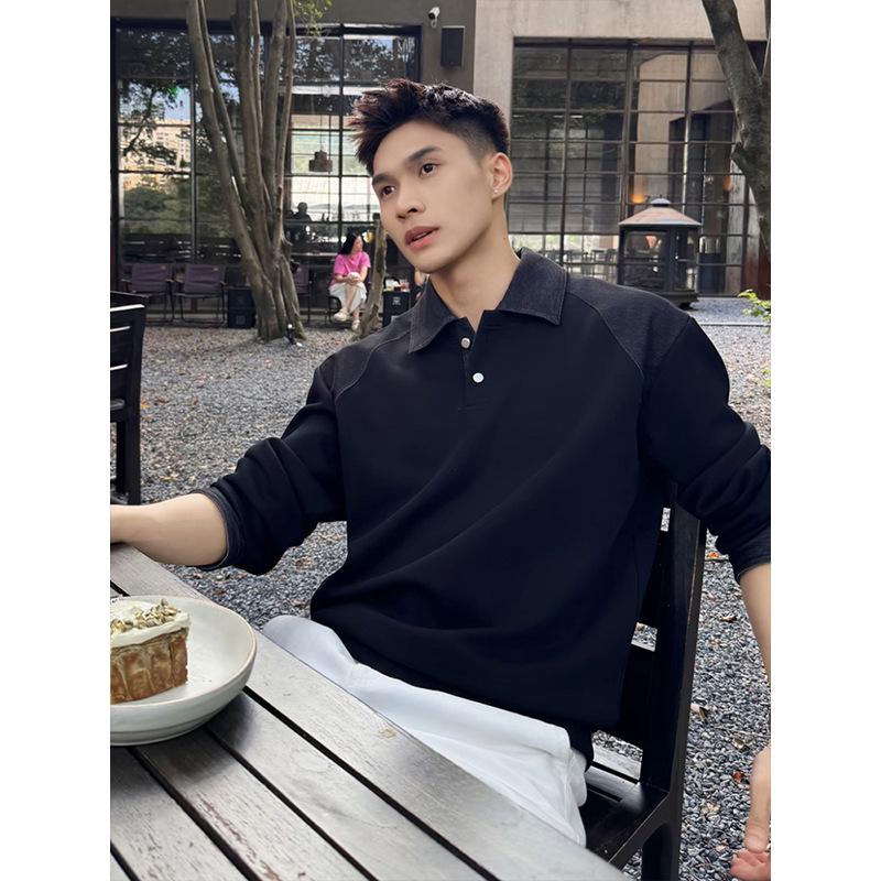 Men s Long Sleeve Polo Collar Hoodie in Light Grey with Color Block Patchwork M