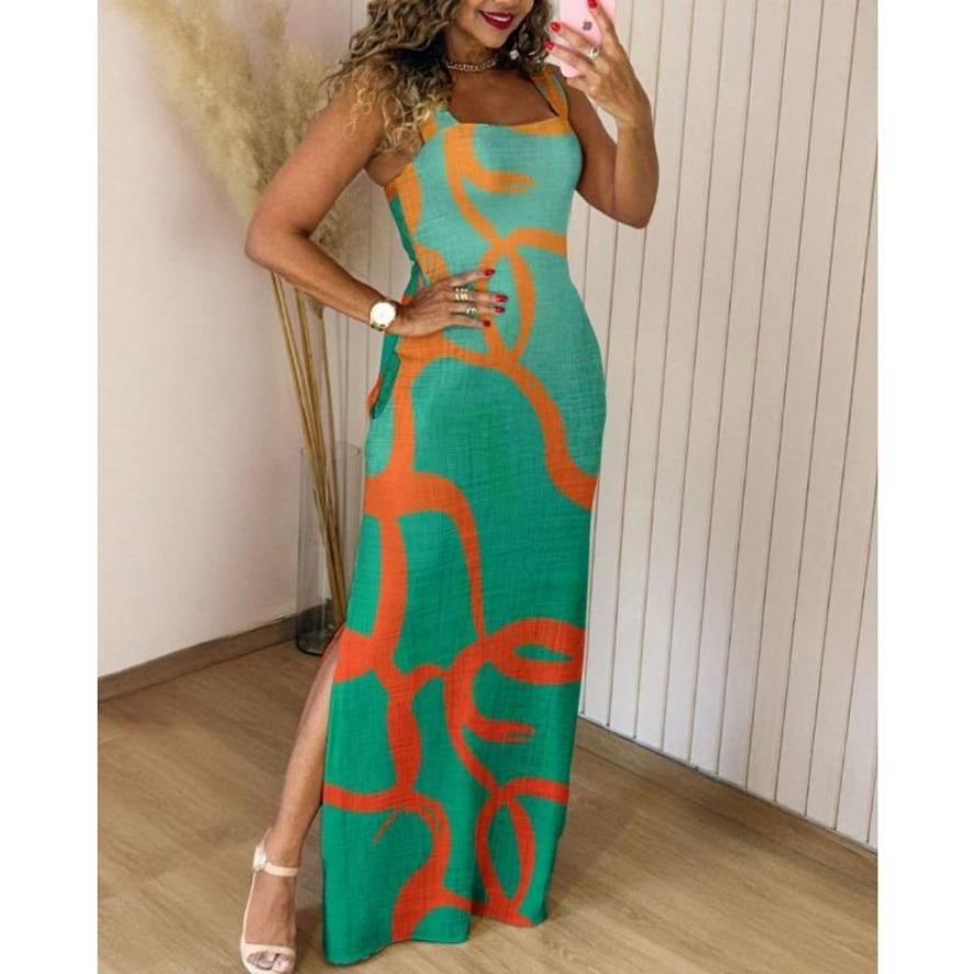 

YYFS Женская мода лето весна цвет блок принт без рукавов квадратный воротник высокая талия повседневные платья XXL зелёный