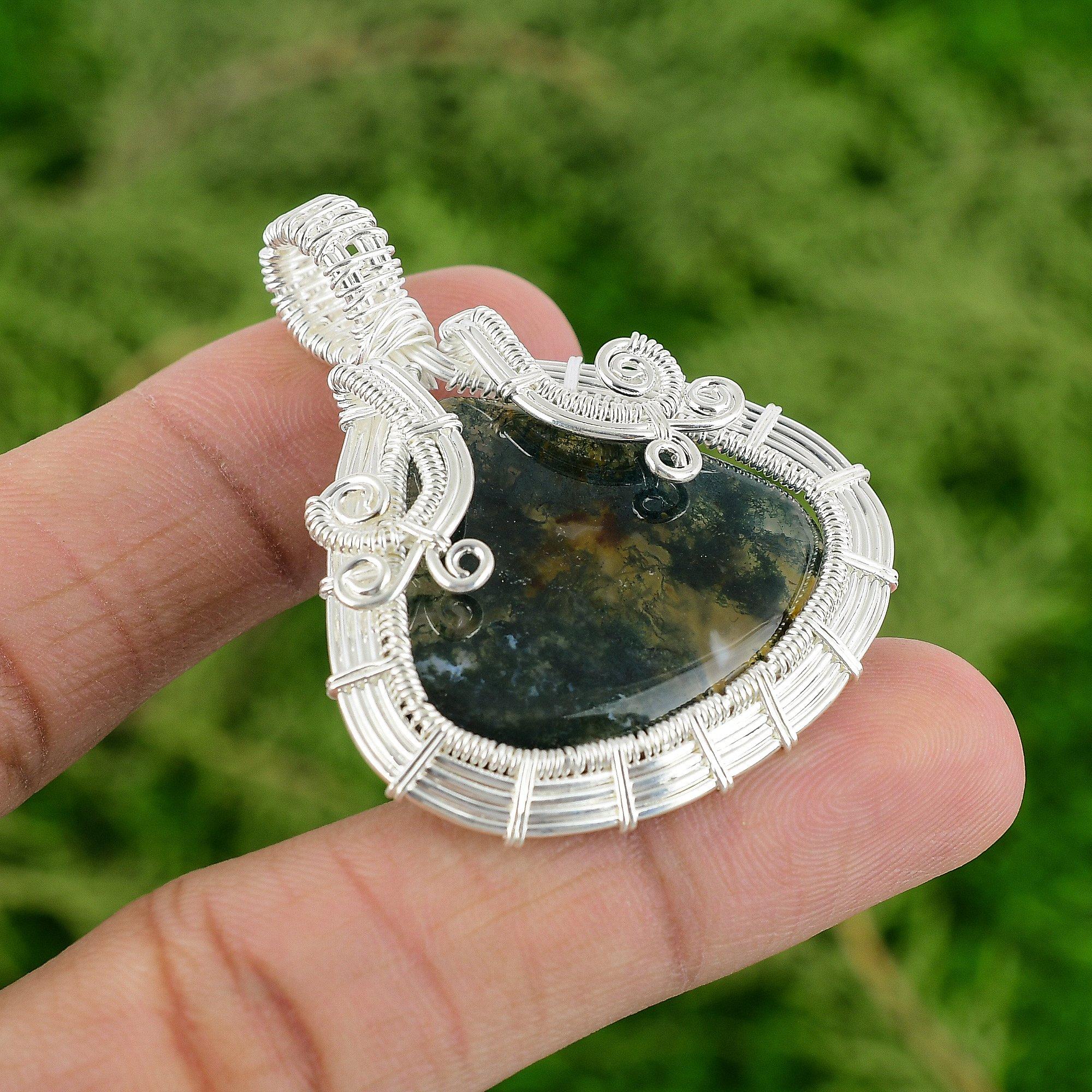 

Pear Solar Moss Agate Gemstone 925 Sterling Silver Wire Wrap New Pendant Jewelry