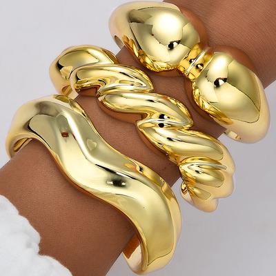 3Pcs Gold Color Chunky Twisted Wavy Cuff Bangle Set For Women Irregular Teardrop Twist Textured Bracelets Trendy Jewelry Gifts