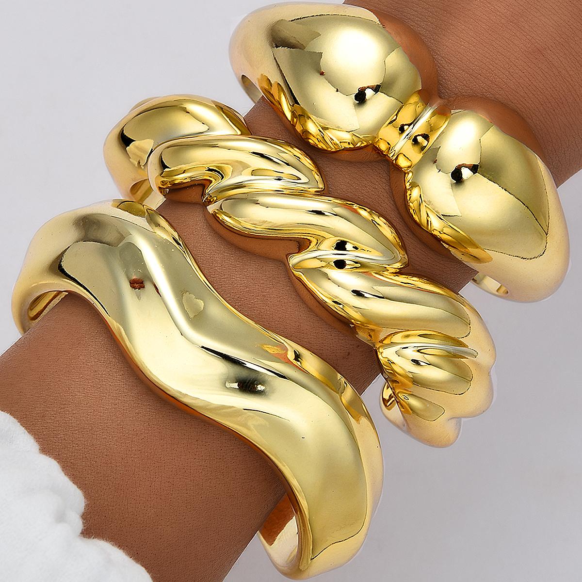 

3Pcs Gold Color Chunky Twisted Wavy Cuff Bangle Set For Women Irregular Teardrop Twist Textured Bracelets Trendy Jewelry Gifts
