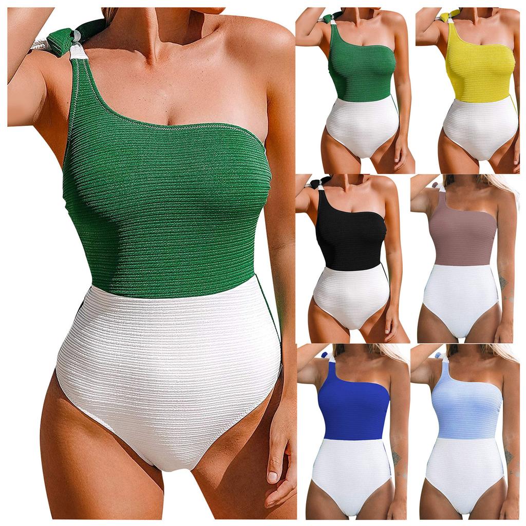 Women Swimwear Block Color One-Piece Swimsuit One Shoulder Bowknot Bathing Suit