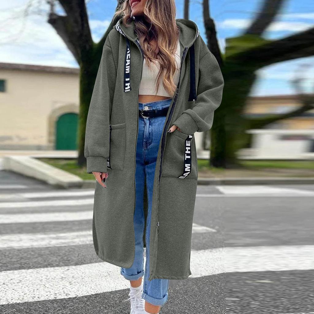Women's Fashion Jacket Casual Solid-color Long-sleeved Cardigan Hoodie Long Coat