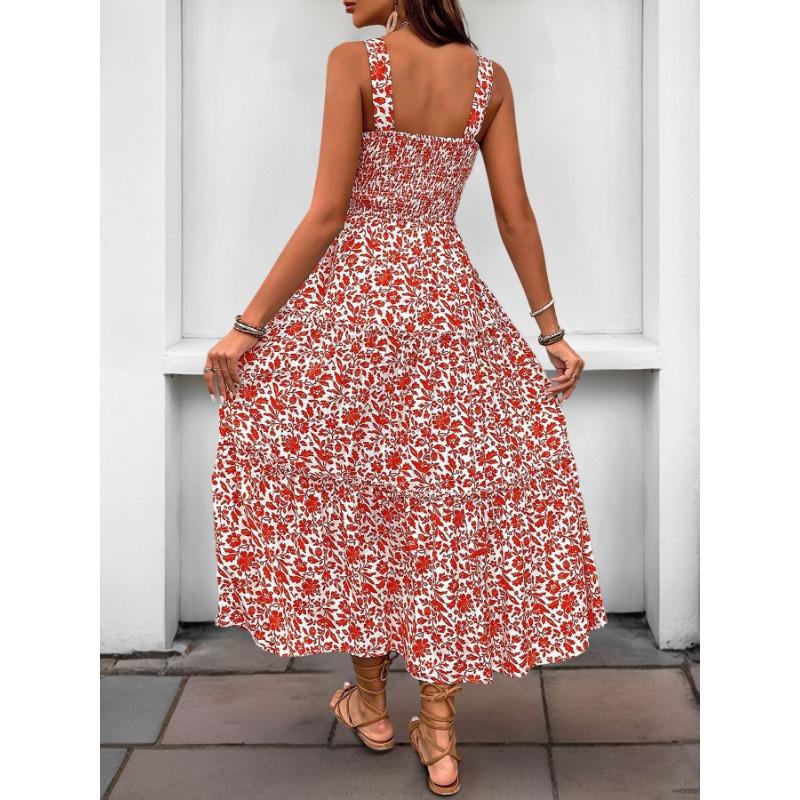 VEZFAA Damenmode Sommer Frühling Blumenmuster Druck Ärmellose Hosenträger Hohe Taille Freizeitkleider