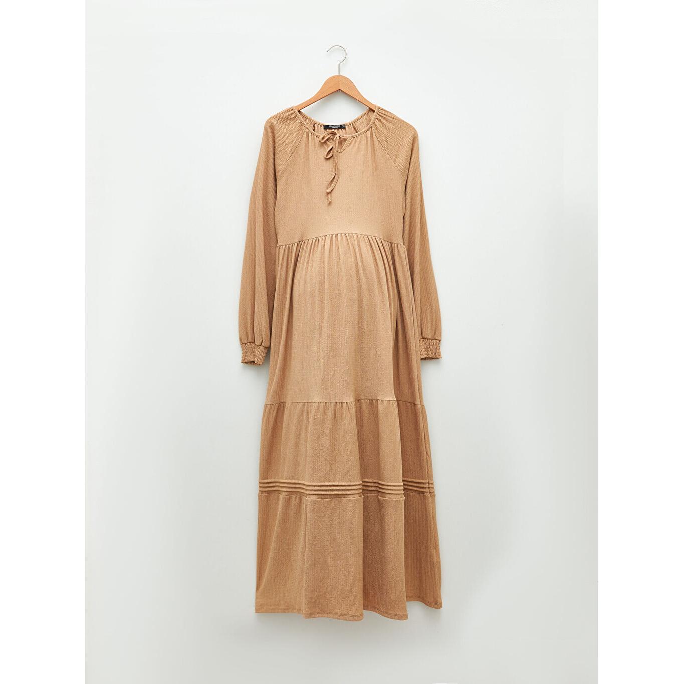 

Платье для беременных с завязками и воротником, прямое, с длинными рукавами, бежевое