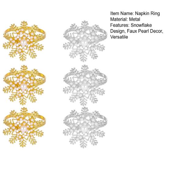 1/2/6Pcs Golden Metal Napkin Ring Faux Pearl Decor Snowflake Design Winter-themed Napkin Holders Weddings Parties Table Decor