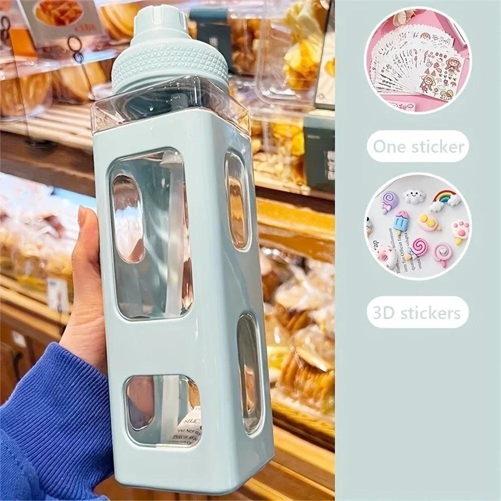 1pc Kawaii Water Bottle with Straw and DIY 3D Cute Stickers BPA-Free Plastic Square Water Cup Portable Drinkware for Camping 12