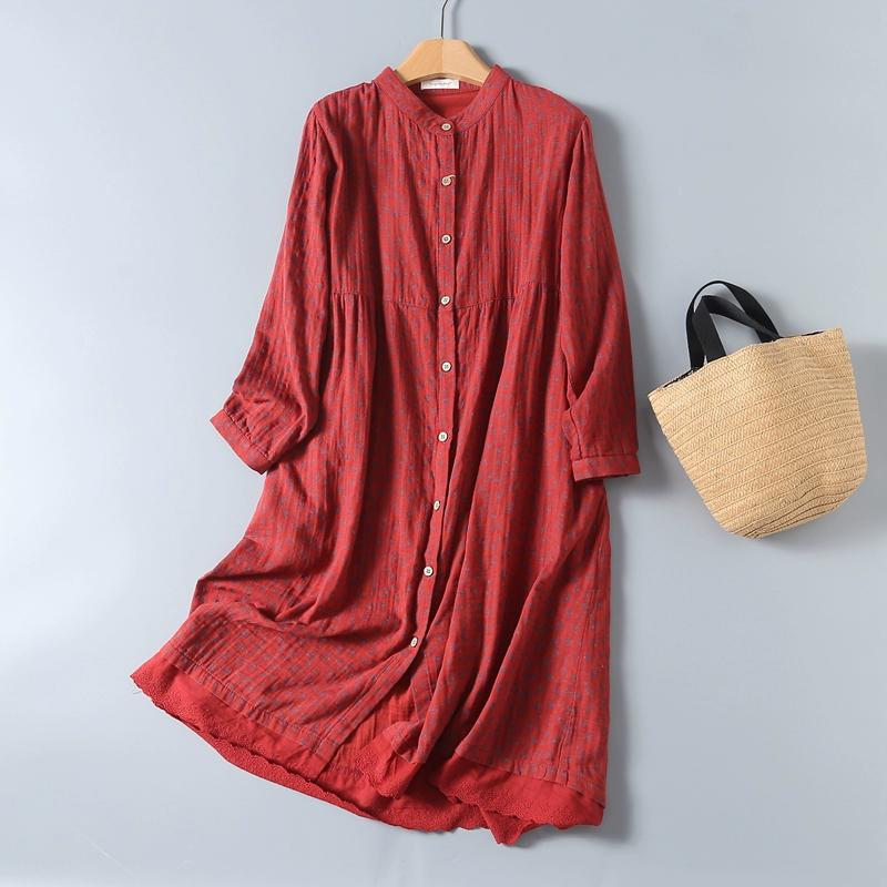 8 Colors Lamtrip-Retro Floral Cotton Yarn Long Sleeve Single Breasted  Robe Casual  Soft House Dress