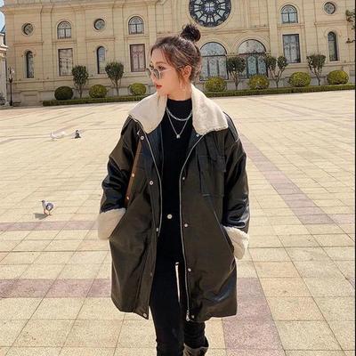Veste en cuir cool à la mode d'hiver pour femme, veste en coton ample mi-longue, plus coton plus épais, veste en cuir PU pour moto, belle veste chaude, manteau Parka