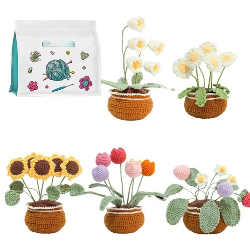 Crochet Flower Set with Step-by-Step Tutorial Instruction Crochet Potted Plant Crochet Knitting Supplies for Beginner