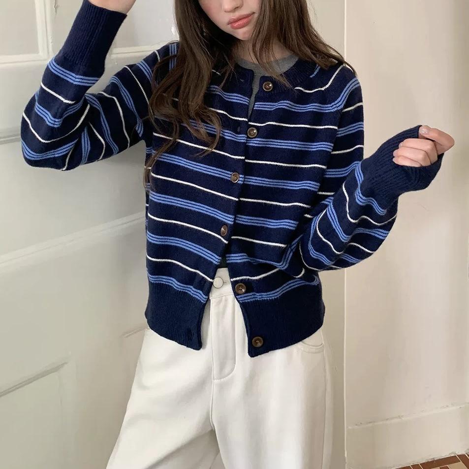 Retro contrasting striped knitted cardigan women's Korean version autumn and winter new lazy casual and thin design versatile sweater