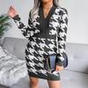 Kvinner Høst Vinter Houndstooth Pack Hip V-hals Langermet høy midje strikket kjole SL
