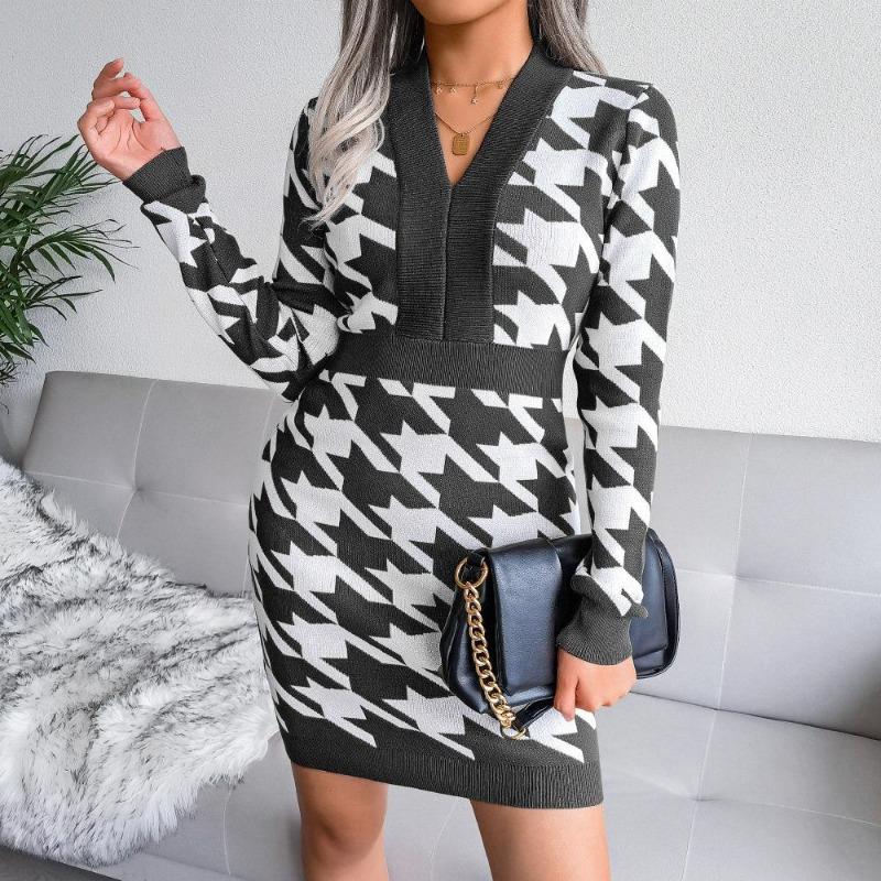 Kvinner Høst Vinter Houndstooth Pack Hip V-hals Langermet høy midje strikket kjole SL