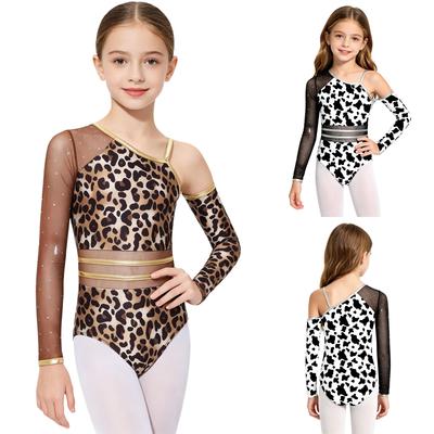 Dětské Dívčí Leopardí Potisk Trikoty na Gymnastiku Balet Kostým na Taneční Vystoupení Kamínky Jumpsuit Jeskynní Muž s Návleky na Ruce