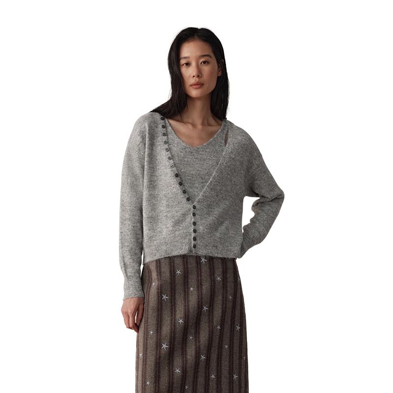 

GREEN BELT Merino Wool Blend V-Neck Button Knit Sweater One Size