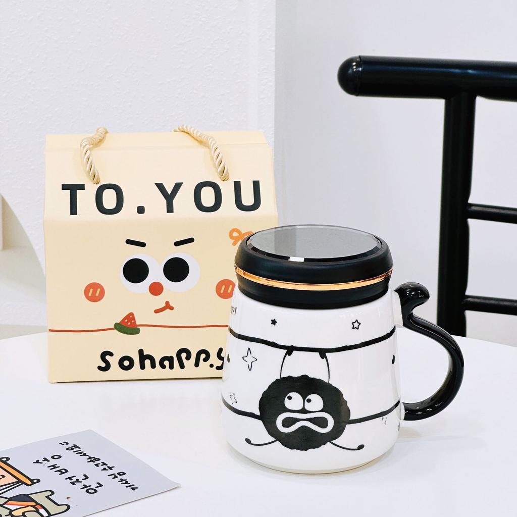 Personalized Mirror Cup with Lid Cartoon Monster Ceramic Mug Dustproof Gift Box Water Cup Home Set Office