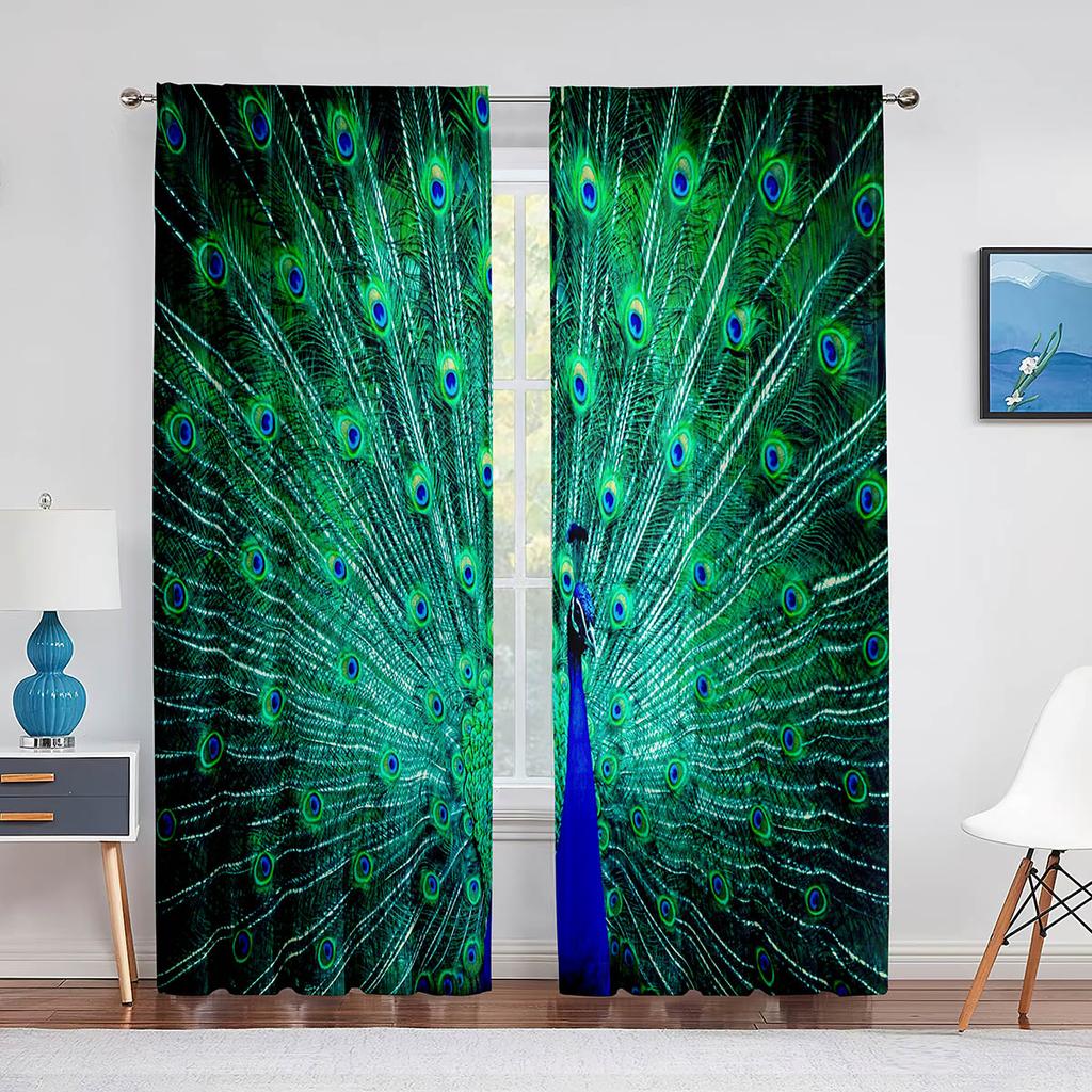 Peacock Green Feathers Birds Animals Skin Tulle Curtains for Living Room Bedroom Decoration Chiffon Sheer Voile Window Curtain