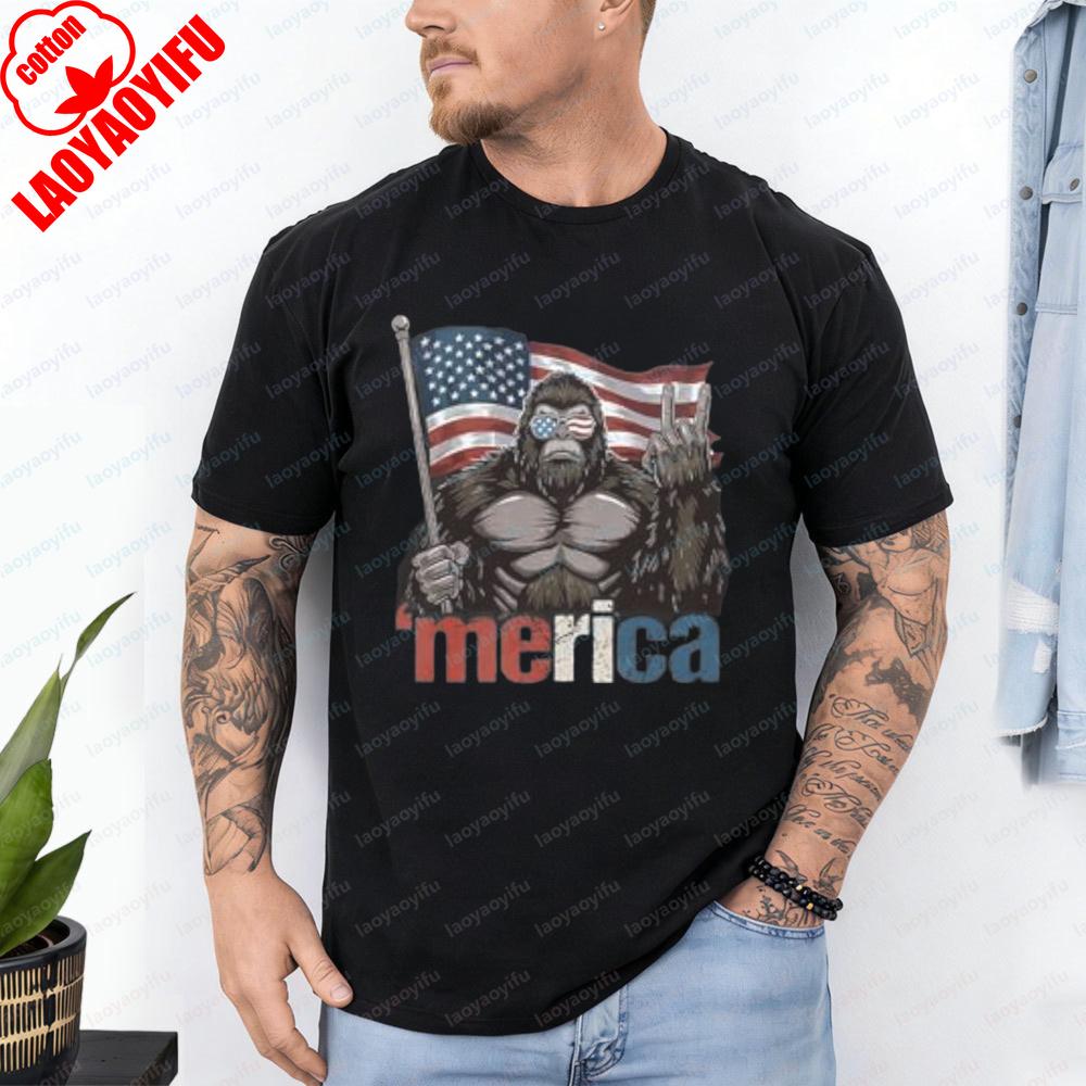 4th of July TShirt Gorilla American Flag Design Tops Patriotic Heritage Cotton Tee Funny Vintage Classic Fashion Man Streetwear