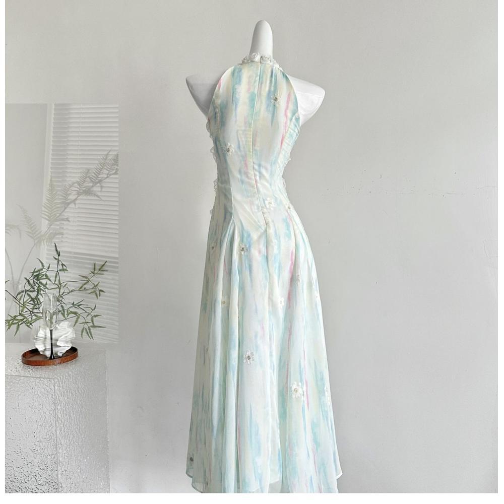 French Dress Women's Summer New Atmosphere Long Dress Sweet Green Sleeveless Irregular Lace Neck Flower