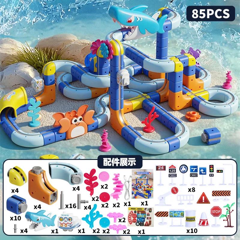Neue Ozean-Serie Kinder Elektrische Magnetische Schwebebahn Schienen Würfel Bausteine 3D Junge DIY Magnetische Montage Spielzeug Auto