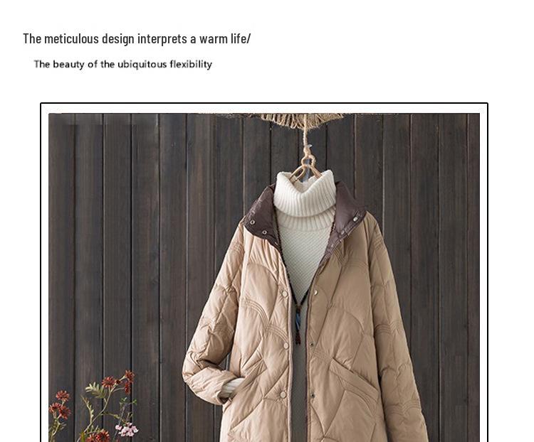 Women's Mid-Length Retro Chic Lightweight Down Jacket - Auspicious Clouds Stand Collar Design