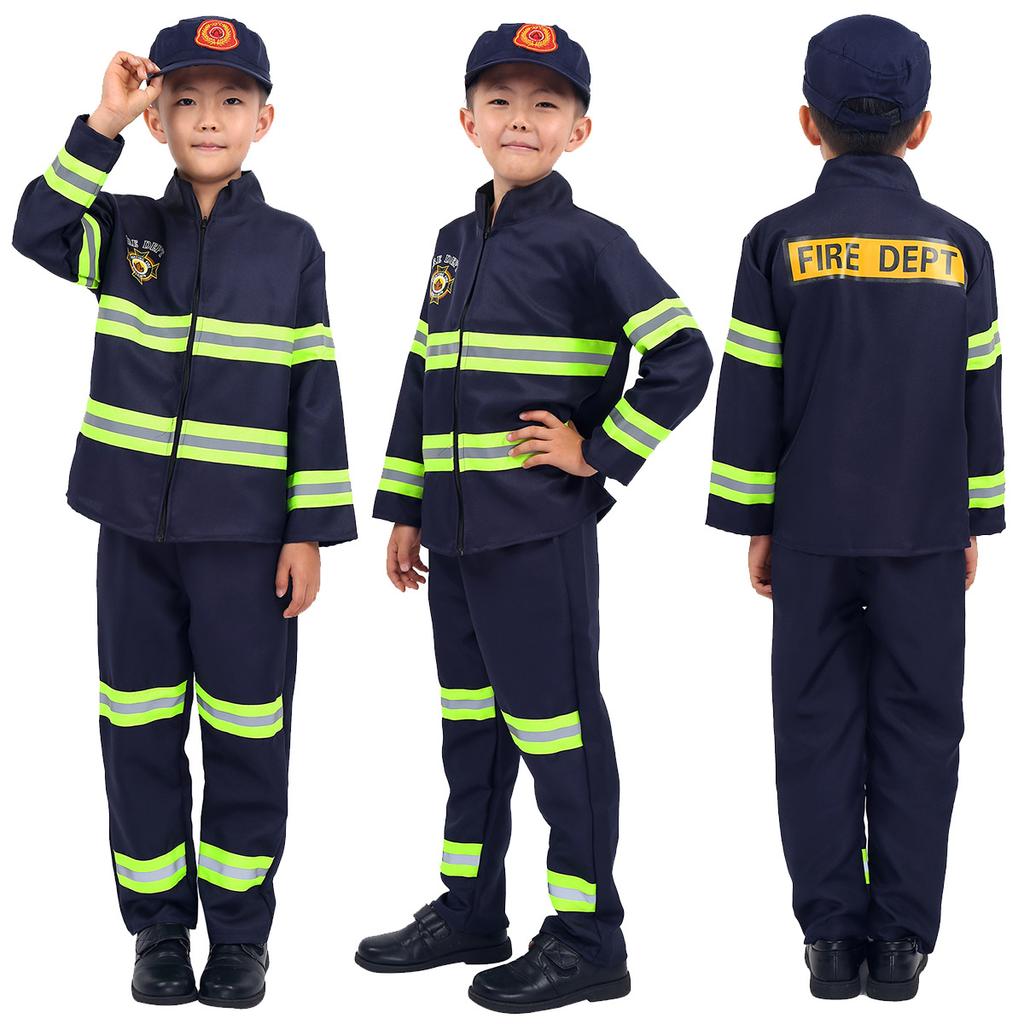 Kids Fireman Costume Set Girls Boys Firefighter Cosplay Fancy Dress Up Thick Jacket Coat With Pants Hat Set