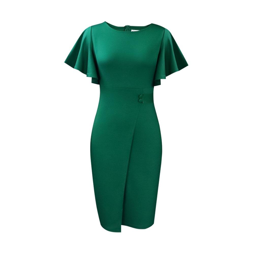 Women's Round Neck Flutter Short Sleeve Midi Dress Slim High Waist Solid Split Pencil Dress Polyester Spandex Elegant Office Bodycon Dress