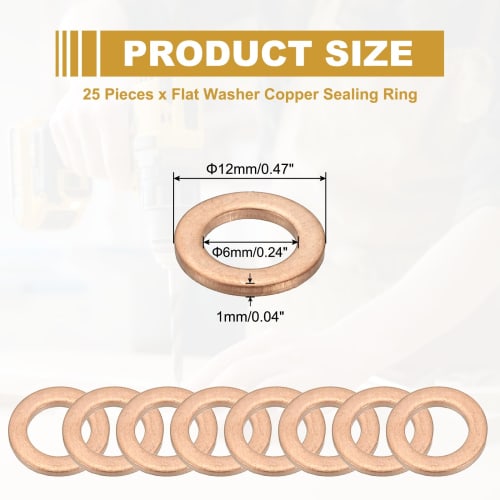 PATIKIL M6 Copper Flat Washers, Seal Rings, 25 Pieces, 6mm Inner Diameter, 12mm Outer Diameter, 1mm Thick, Heat and Oil Resistant for Screws, Bolts, S
