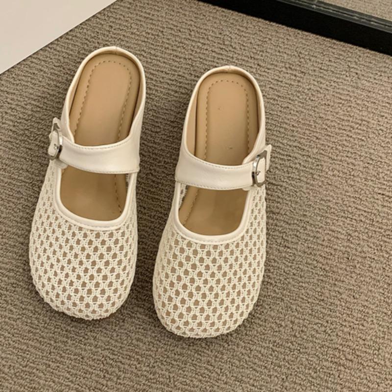 Women's Fashion Baotou Shallow Mouth Mesh Cloth Breathable Metal Buckle Soft Sole Anti-slip Wear-resistant Flat Shoes
