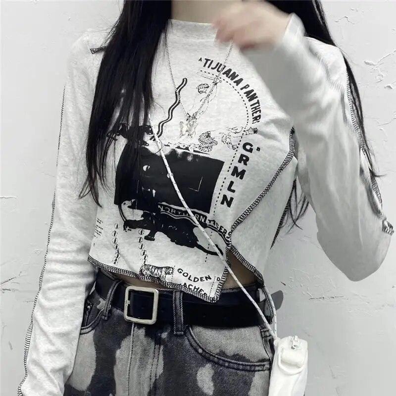 VAYLA Gothic Goth Style Tshirt Women Autumn Long Sleeve Grunge Crop Tops Vintage T-shirt Harajuku Tees Streetwear Clothes Punk