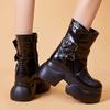 Mode Klobiger Absatz Damen PU Leder Stiefeletten Doppelschnalle Plateau Seitenreißverschluss Kurze Stiefel Winter Neu Goth Metal Punk Schuhe Botas