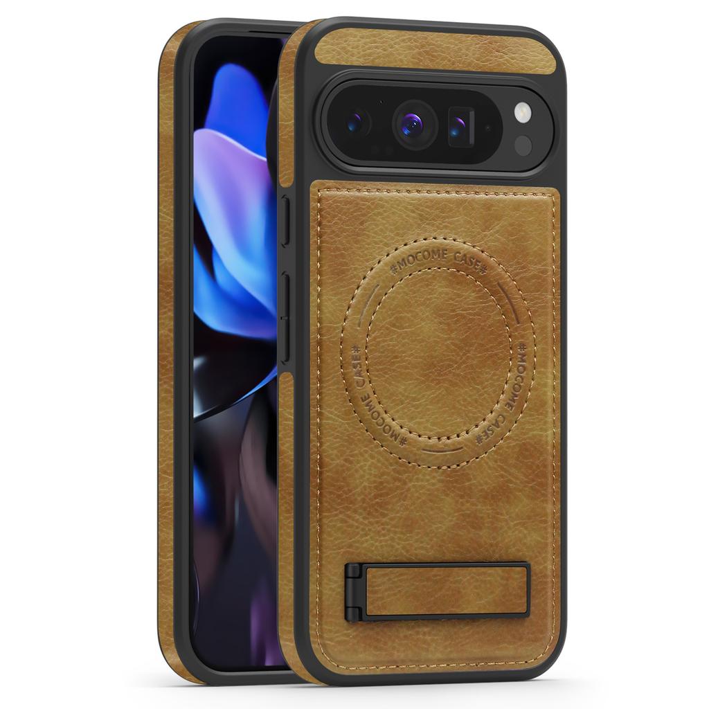For Google Pixel 9 Pro XL Case Compatible with MagSafe Kickstand Leather Phone Back Cover