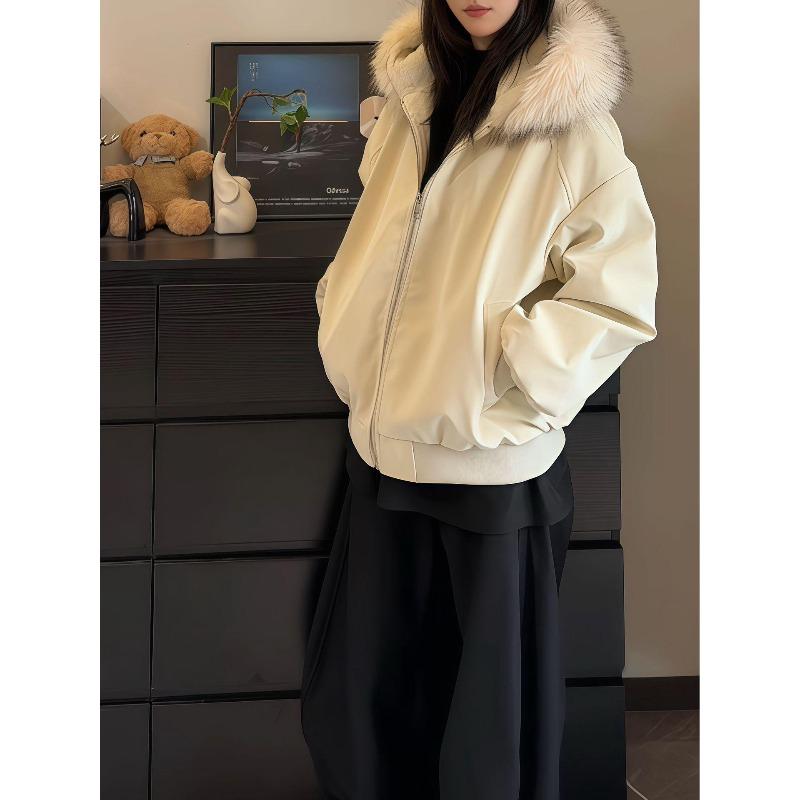 Winter Bestseller Unisex Lychee Pattern PU Leather Coat with Fur Collar and Velvet Lining