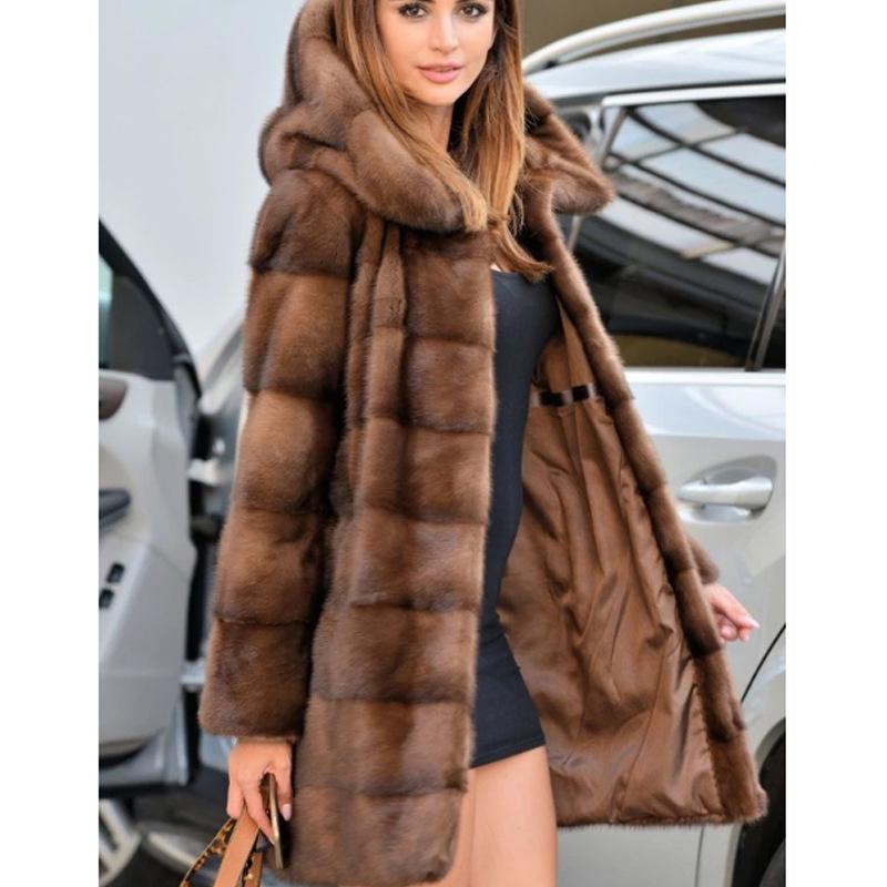 Women's Mid-Length Hooded Faux Fur Coat - Cross-border European & American Style, Mink Fleece Spliced Design, Commuting Wear.