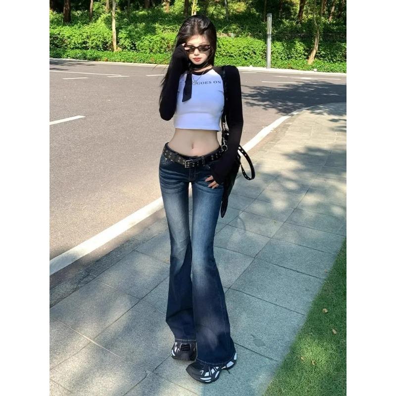 Women's Dark Blue High-Waisted Flared Jeans Slim-Fit Bell-Bottom Denim Pants