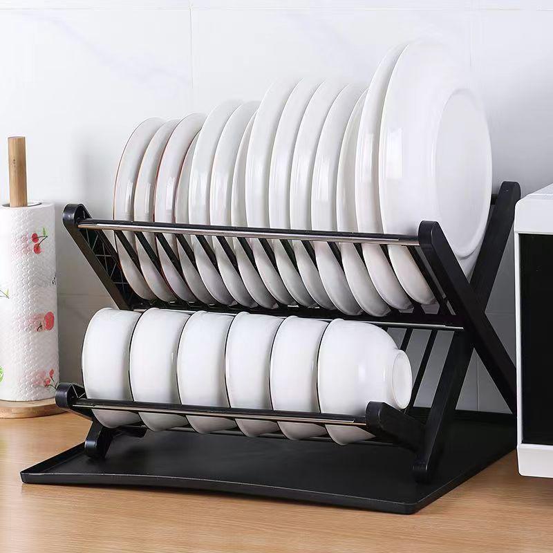 Double Layer Folding Dish Rack with Cutlery Storage - No Installation Needed