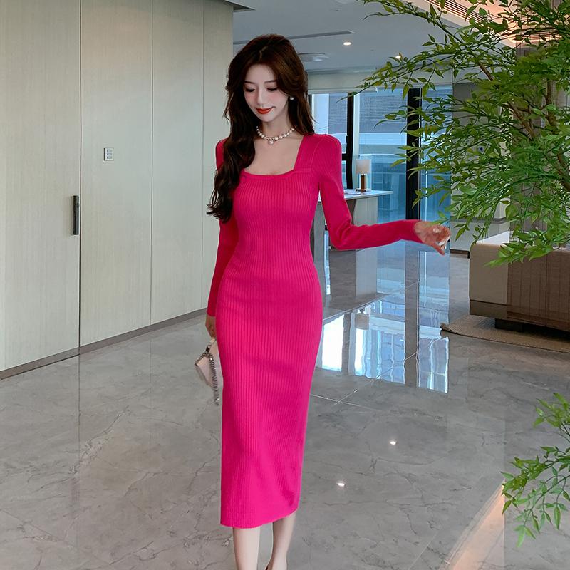 Spring Square Neck Knitted Sexy Dress Women Fashion Autumn Slim Fit Base Women's Sweater Dresses Elegant Long Sleeve Solid Winter Casual Dress 25955