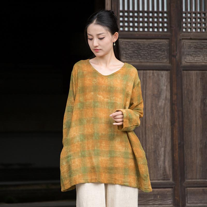 

Johnature Женские футболки с винтажным принтом, с V-образным вырезом, с длинным рукавом, осенние, свободные, мягкие One Size жёлтый