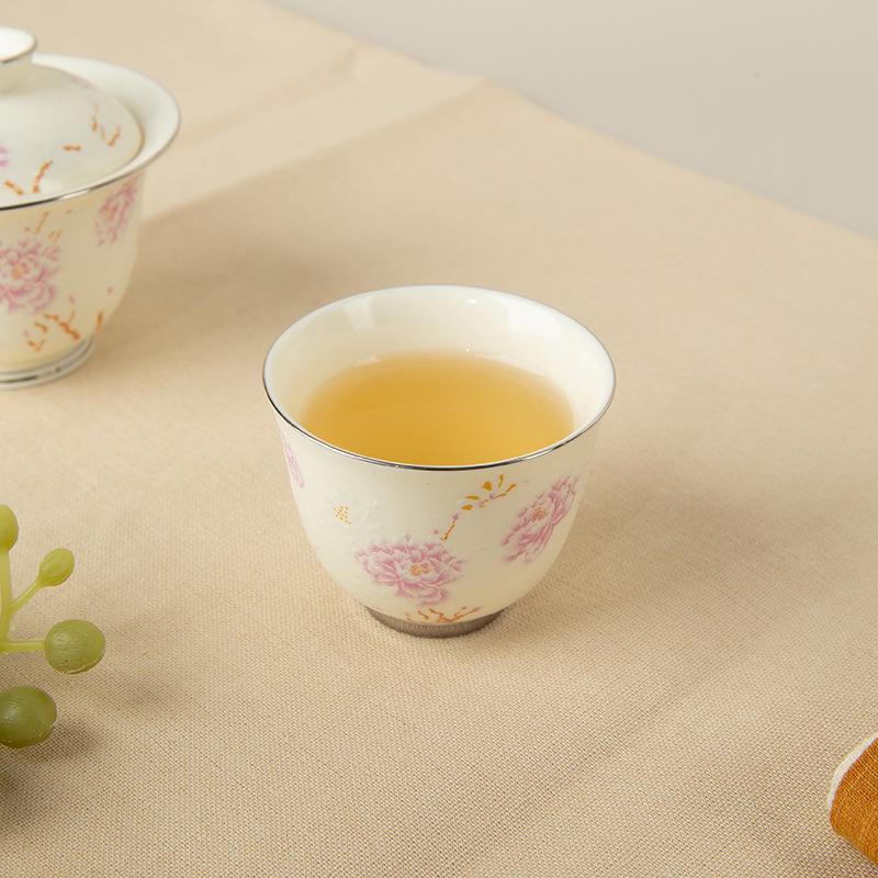 Apricot Yellow Butterfly & Floral Gaiwan Tea Cup with Silver Edge - High-grade Ceramic for Women's Tea Brewing