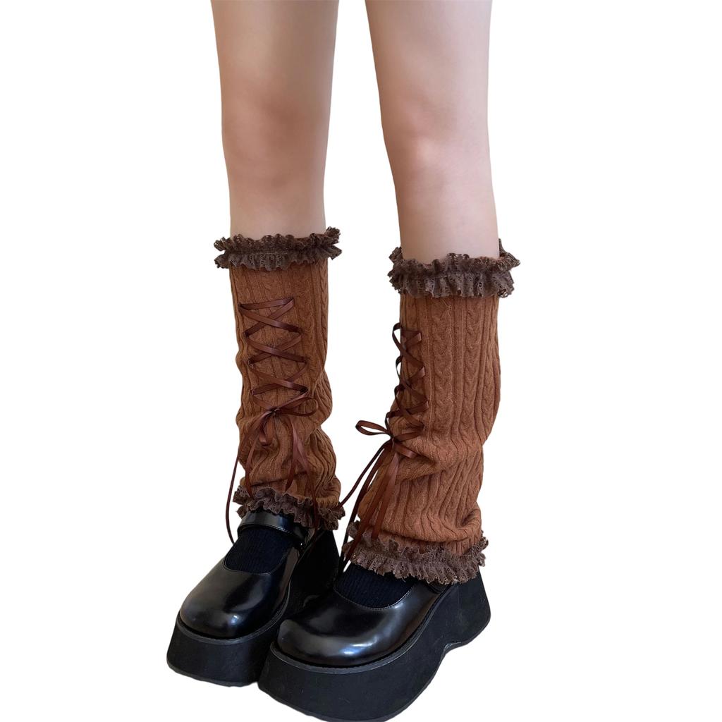 Winter Warm Knitted Leg Warmers Women Lolitas Harajuku Leg Covers Bowknot Flared Ruffle Trim Knee Highs Socks Leg Sleeves